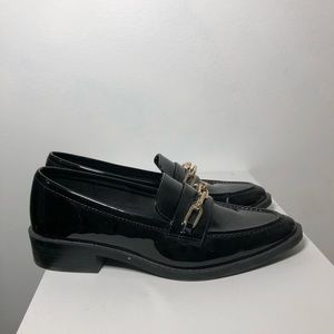 Zara Black Patent Loafers with Gold Chain Detail